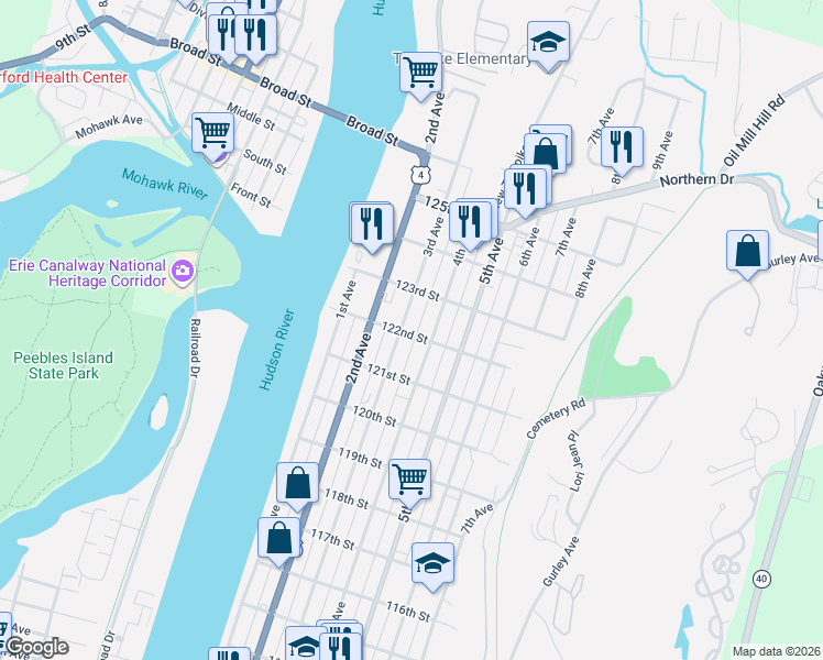 map of restaurants, bars, coffee shops, grocery stores, and more near 793 3rd Avenue in Troy