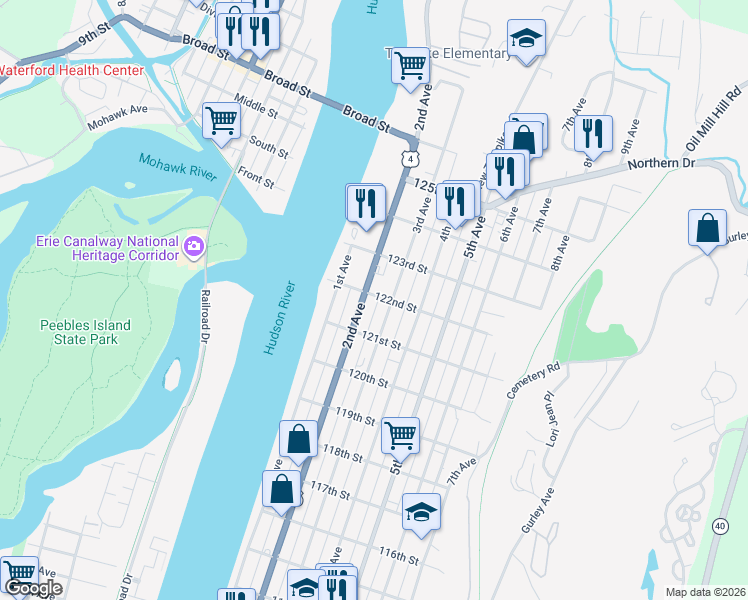 map of restaurants, bars, coffee shops, grocery stores, and more near 793 3rd Avenue in Troy