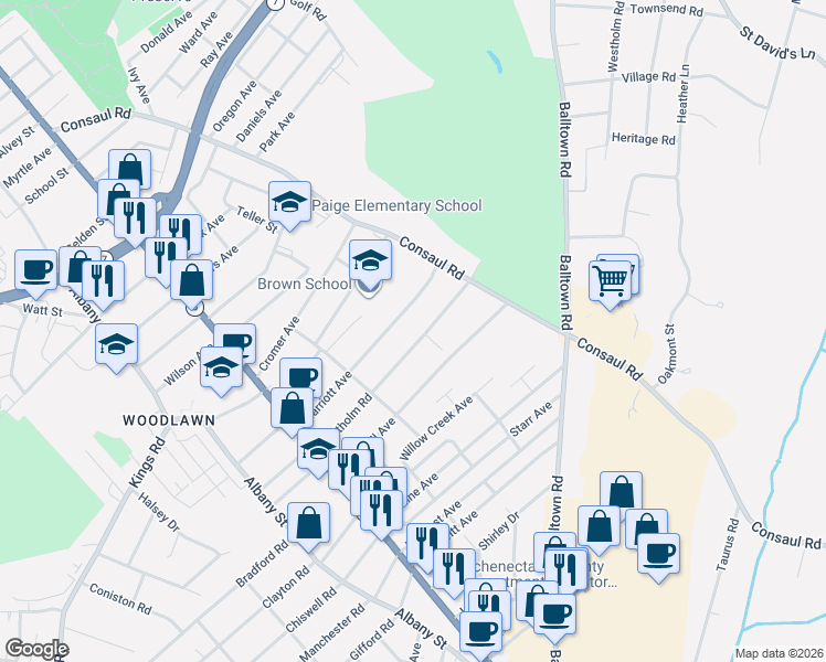 map of restaurants, bars, coffee shops, grocery stores, and more near 201 Eastholm Road in Schenectady