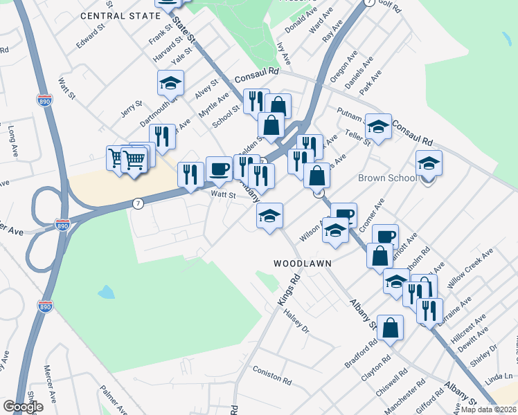 map of restaurants, bars, coffee shops, grocery stores, and more near 2551 Albany Street in Schenectady