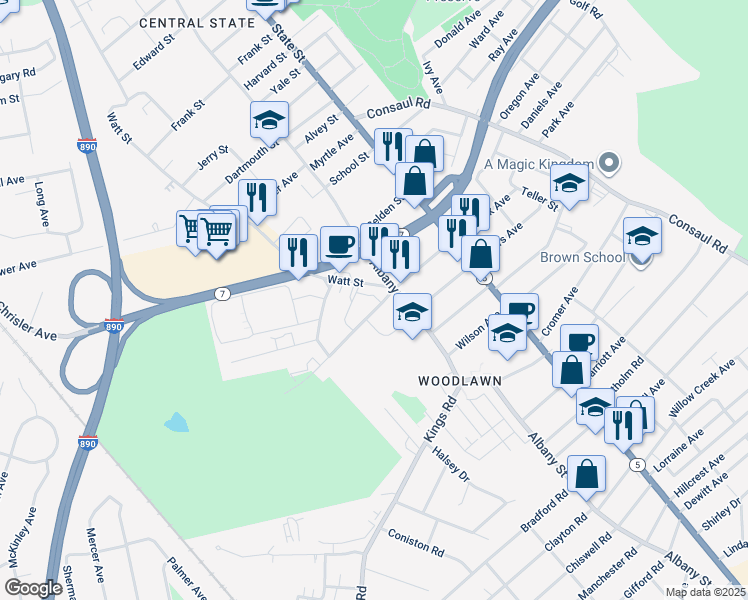 map of restaurants, bars, coffee shops, grocery stores, and more near 2522 Watt Street in Schenectady
