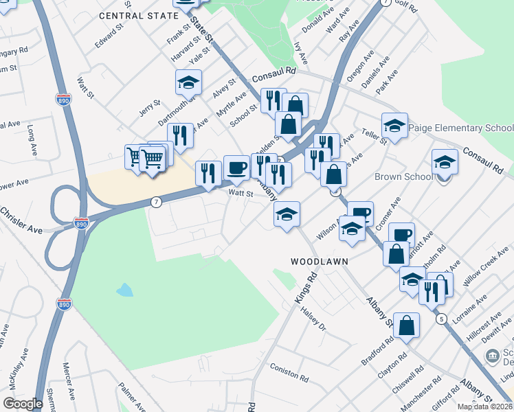 map of restaurants, bars, coffee shops, grocery stores, and more near 2522 Watt Street in Schenectady