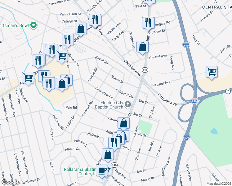 map of restaurants, bars, coffee shops, grocery stores, and more near 170 Caldicott Road in Schenectady