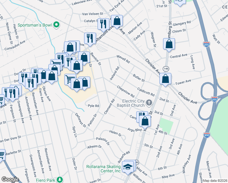 map of restaurants, bars, coffee shops, grocery stores, and more near 2084 Careleon Road in Schenectady