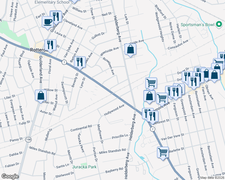 map of restaurants, bars, coffee shops, grocery stores, and more near 2054 Cedarlawn Avenue in Rotterdam
