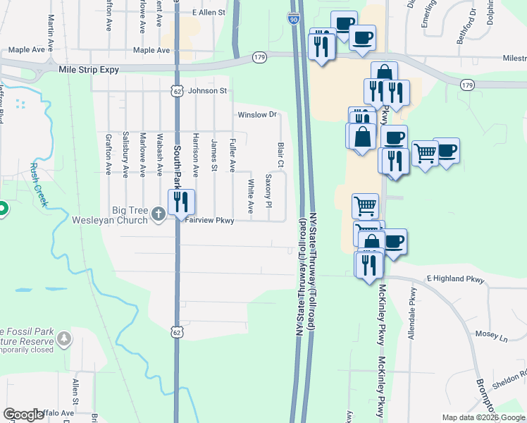 map of restaurants, bars, coffee shops, grocery stores, and more near 3727 White Avenue in Buffalo
