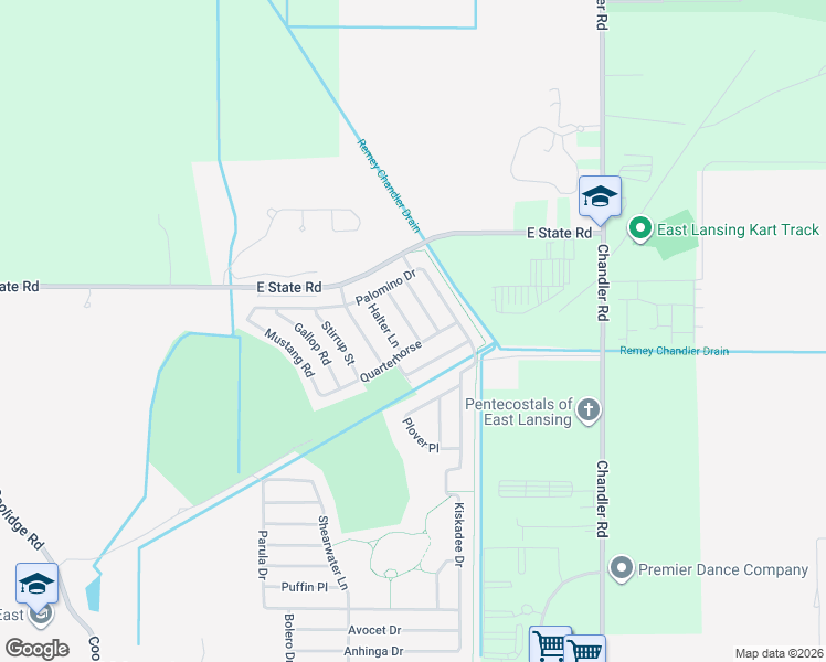 map of restaurants, bars, coffee shops, grocery stores, and more near Pasture Dr in East Lansing