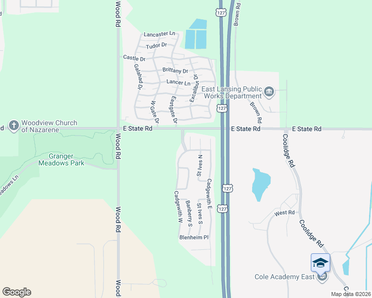 map of restaurants, bars, coffee shops, grocery stores, and more near 109 Cotswold Court in Lansing