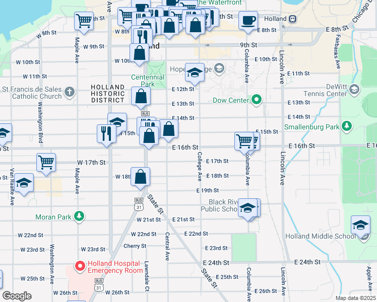 map of restaurants, bars, coffee shops, grocery stores, and more near 26 East 16th Street in Holland