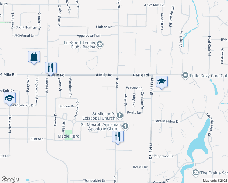 map of restaurants, bars, coffee shops, grocery stores, and more near 631 Royal Park Road in Racine