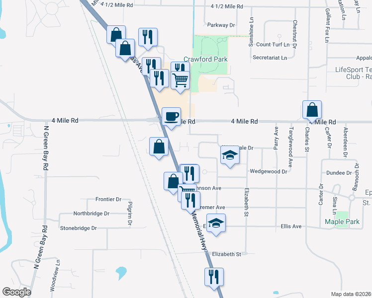 map of restaurants, bars, coffee shops, grocery stores, and more near 4909 Scotts Way in Racine