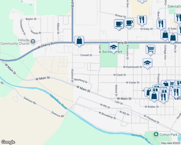 map of restaurants, bars, coffee shops, grocery stores, and more near 913 West Clark Street in Vermillion