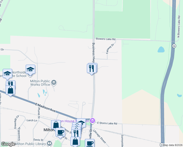 map of restaurants, bars, coffee shops, grocery stores, and more near 241 North Janesville Street in Milton