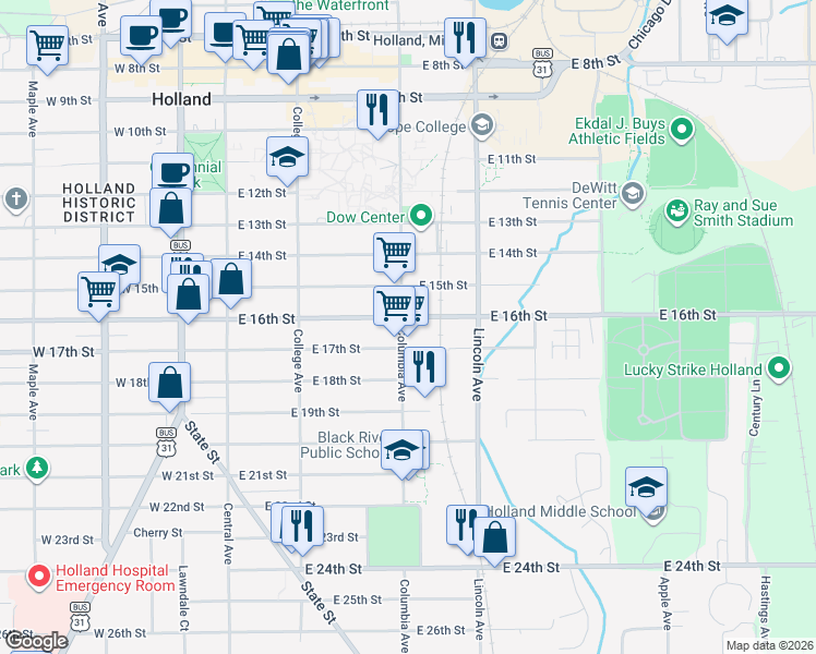 map of restaurants, bars, coffee shops, grocery stores, and more near 158 East 16th Street in Holland