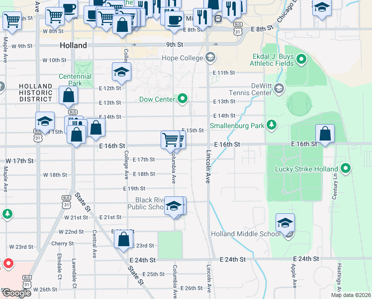 map of restaurants, bars, coffee shops, grocery stores, and more near 196 East 16th Street in Holland