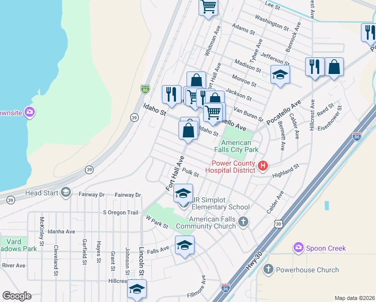 map of restaurants, bars, coffee shops, grocery stores, and more near 177 Tyler Street in American Falls