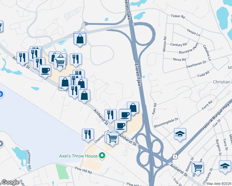 map of restaurants, bars, coffee shops, grocery stores, and more near 1 Hartford Lane in Nashua