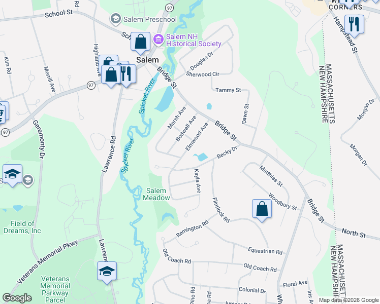 map of restaurants, bars, coffee shops, grocery stores, and more near 16 Elmwood Avenue in Salem