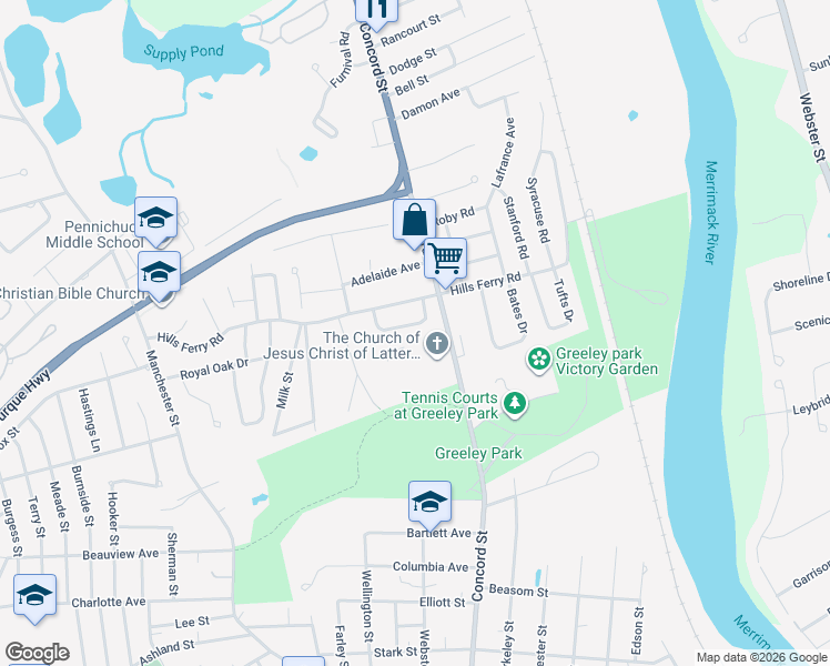 map of restaurants, bars, coffee shops, grocery stores, and more near 2 Smithfield Terrace in Nashua
