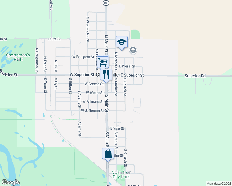 map of restaurants, bars, coffee shops, grocery stores, and more near East Weare Street in Clarksville