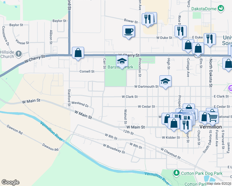 map of restaurants, bars, coffee shops, grocery stores, and more near 824 West Dartmouth Street in Vermillion