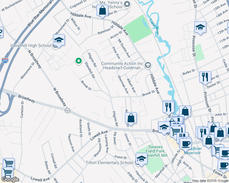 map of restaurants, bars, coffee shops, grocery stores, and more near 14 Saint Lawrence Street in Haverhill