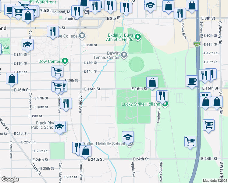 map of restaurants, bars, coffee shops, grocery stores, and more near 324 East 16th Street in Holland