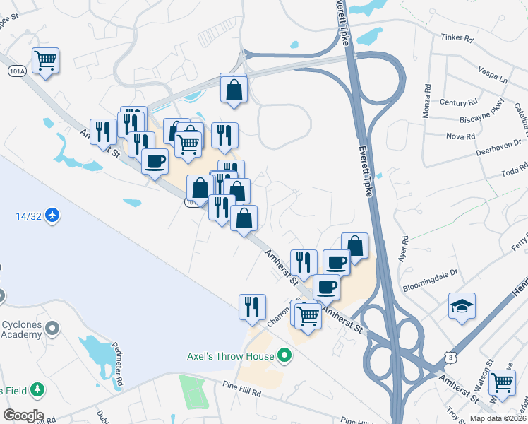 map of restaurants, bars, coffee shops, grocery stores, and more near 21 Cannongate III Road in Nashua