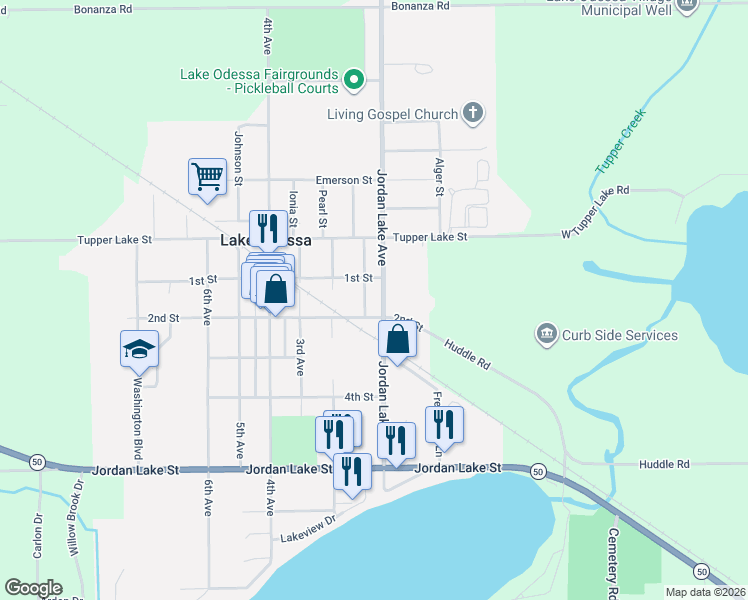 map of restaurants, bars, coffee shops, grocery stores, and more near 1312 1st Street in Lake Odessa