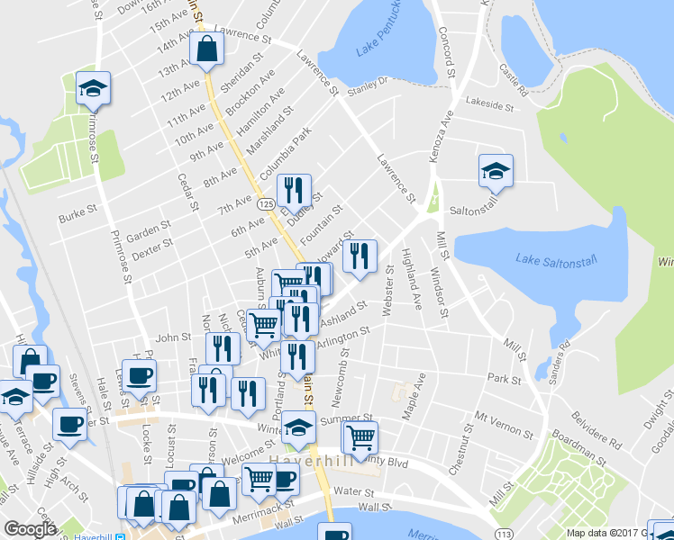 map of restaurants, bars, coffee shops, grocery stores, and more near 5 Lincoln Street in Haverhill