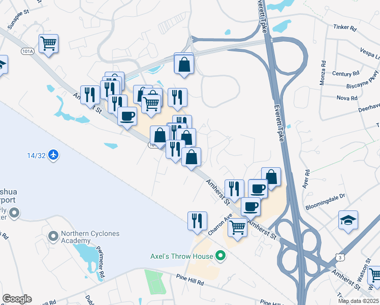 map of restaurants, bars, coffee shops, grocery stores, and more near 337 New Hampshire 101A in Nashua