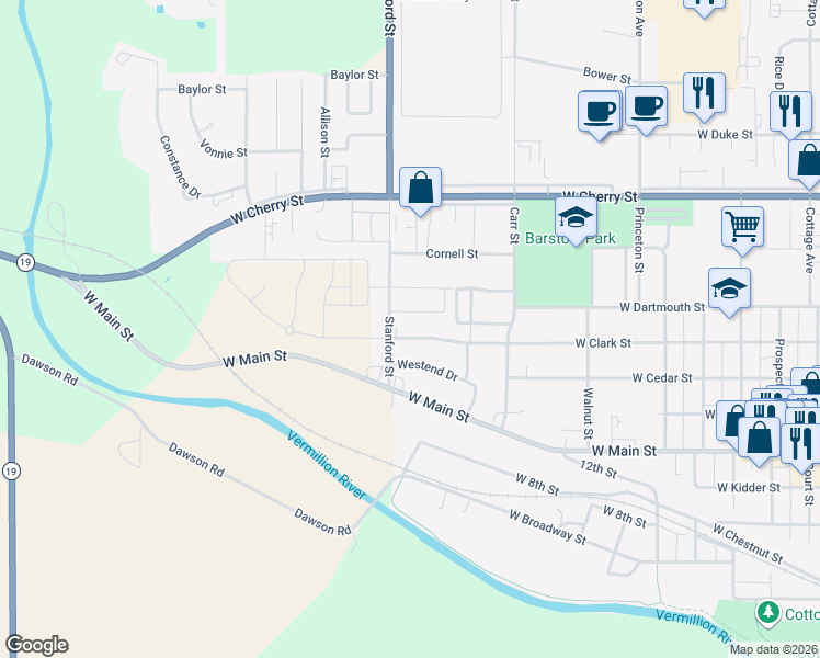 map of restaurants, bars, coffee shops, grocery stores, and more near 1115 West Clark Street in Vermillion