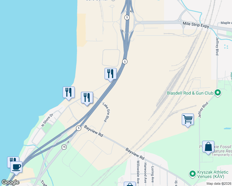 map of restaurants, bars, coffee shops, grocery stores, and more near 3751 Lake Shore Road in Buffalo