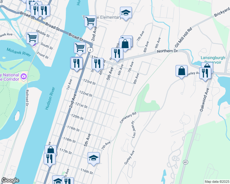 map of restaurants, bars, coffee shops, grocery stores, and more near 822 6th Avenue in Troy