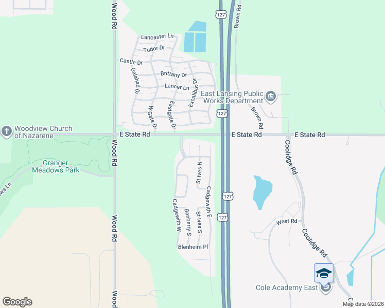 map of restaurants, bars, coffee shops, grocery stores, and more near 109 Cotswold Court in Lansing