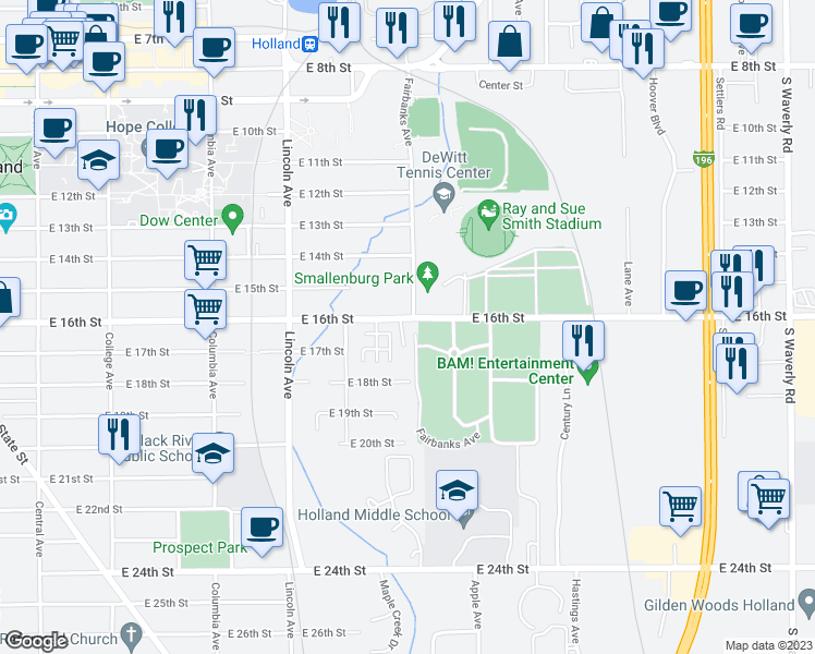 map of restaurants, bars, coffee shops, grocery stores, and more near 324 East 16th Street in Holland