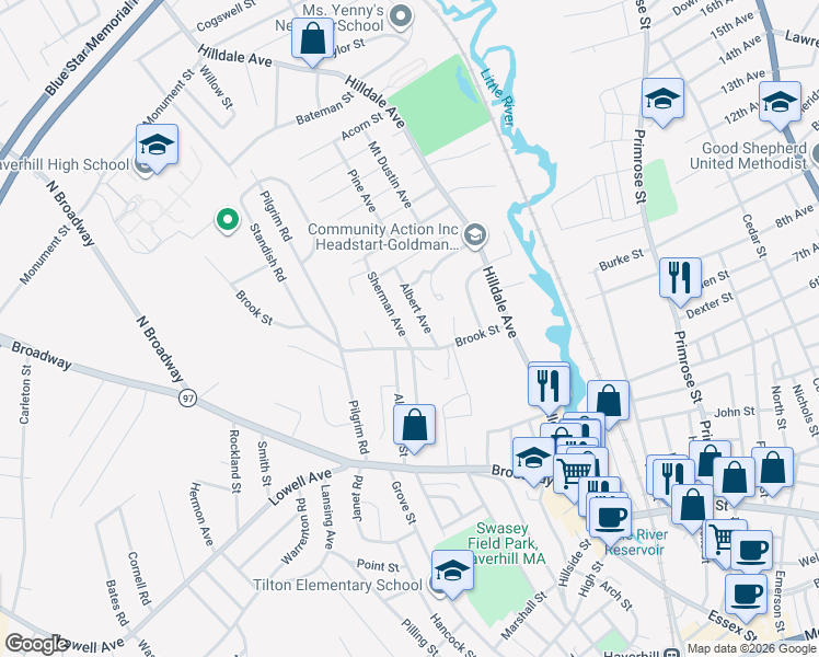 map of restaurants, bars, coffee shops, grocery stores, and more near 15 Sherman Avenue in Haverhill
