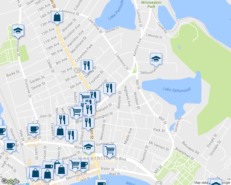 map of restaurants, bars, coffee shops, grocery stores, and more near 83 Kenoza Avenue in Haverhill