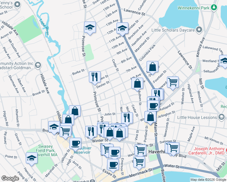 map of restaurants, bars, coffee shops, grocery stores, and more near 186 Franklin Street in Haverhill