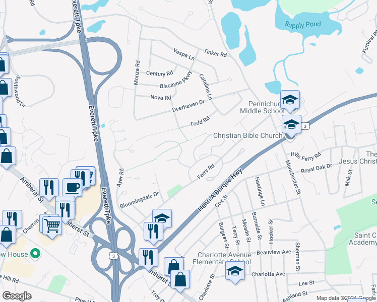 map of restaurants, bars, coffee shops, grocery stores, and more near 15 Westminster Drive in Nashua