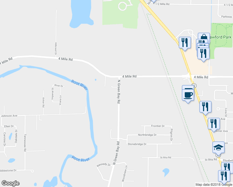 map of restaurants, bars, coffee shops, grocery stores, and more near 4836 North Green Bay Road in Racine
