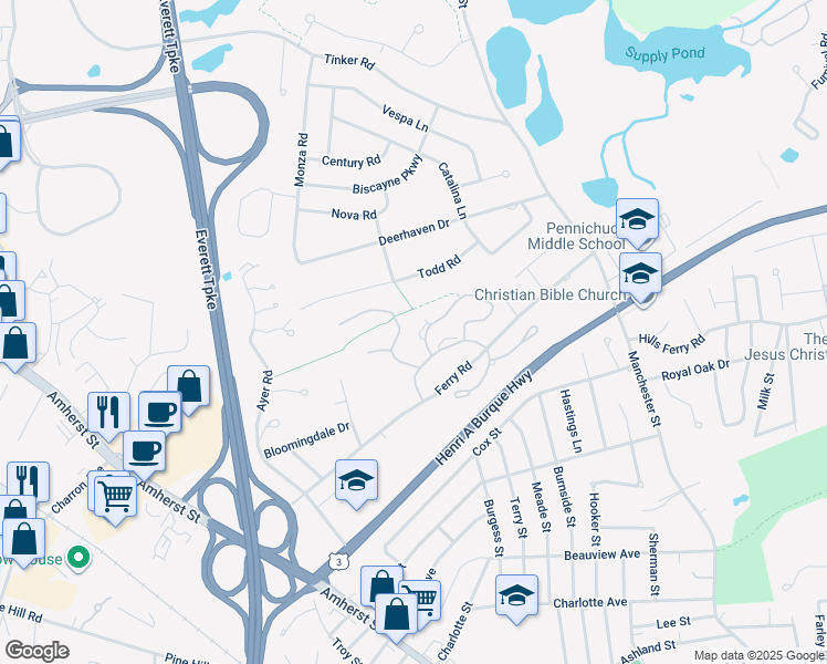 map of restaurants, bars, coffee shops, grocery stores, and more near 15 Westminster Drive in Nashua