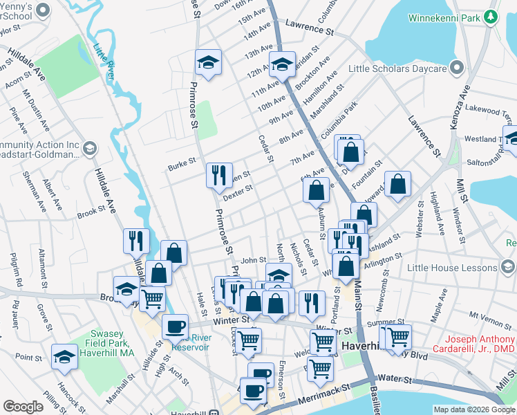map of restaurants, bars, coffee shops, grocery stores, and more near 186 Franklin Street in Haverhill