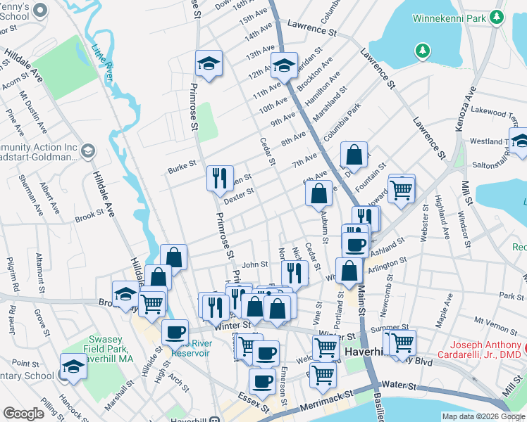 map of restaurants, bars, coffee shops, grocery stores, and more near 186 Franklin Street in Haverhill
