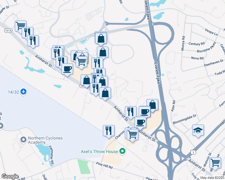 map of restaurants, bars, coffee shops, grocery stores, and more near 21 Cannongate III Road in Nashua