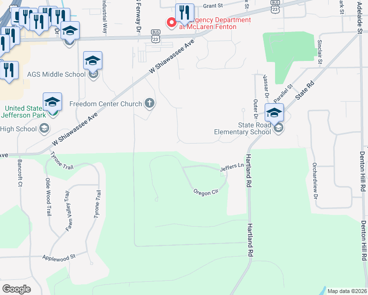 map of restaurants, bars, coffee shops, grocery stores, and more near 759 Plumtree Lane in Fenton
