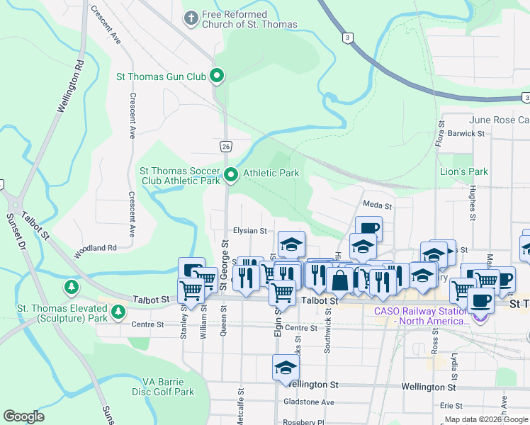map of restaurants, bars, coffee shops, grocery stores, and more near 77 East Pearl Street in St. Thomas