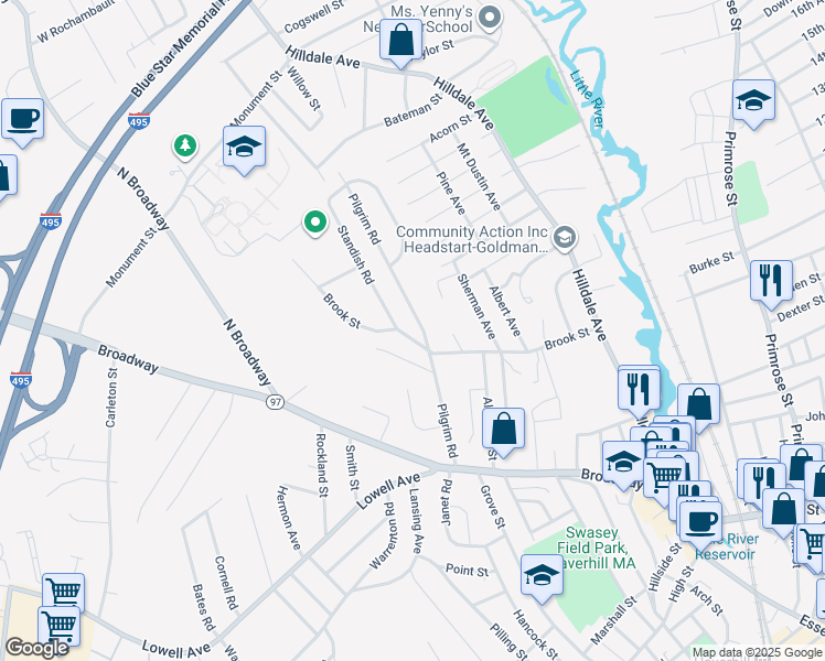 map of restaurants, bars, coffee shops, grocery stores, and more near 137 Brook Street in Haverhill