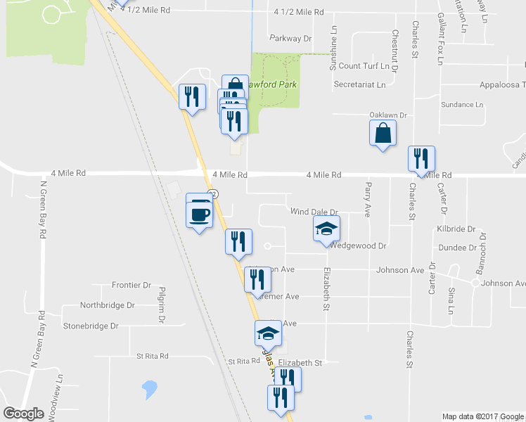 map of restaurants, bars, coffee shops, grocery stores, and more near 4845 Wedgewood Drive in Racine