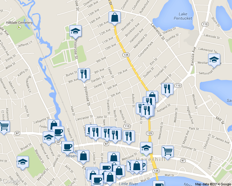 map of restaurants, bars, coffee shops, grocery stores, and more near 35 5th Avenue in Haverhill